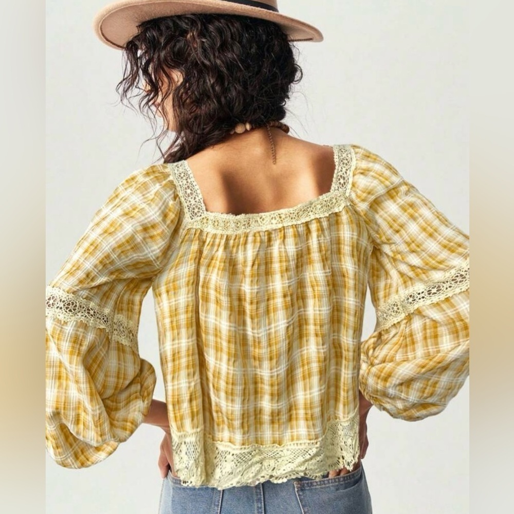 Yellow Plaid Women's Top with Lace Trim - Picture 3 of 9
